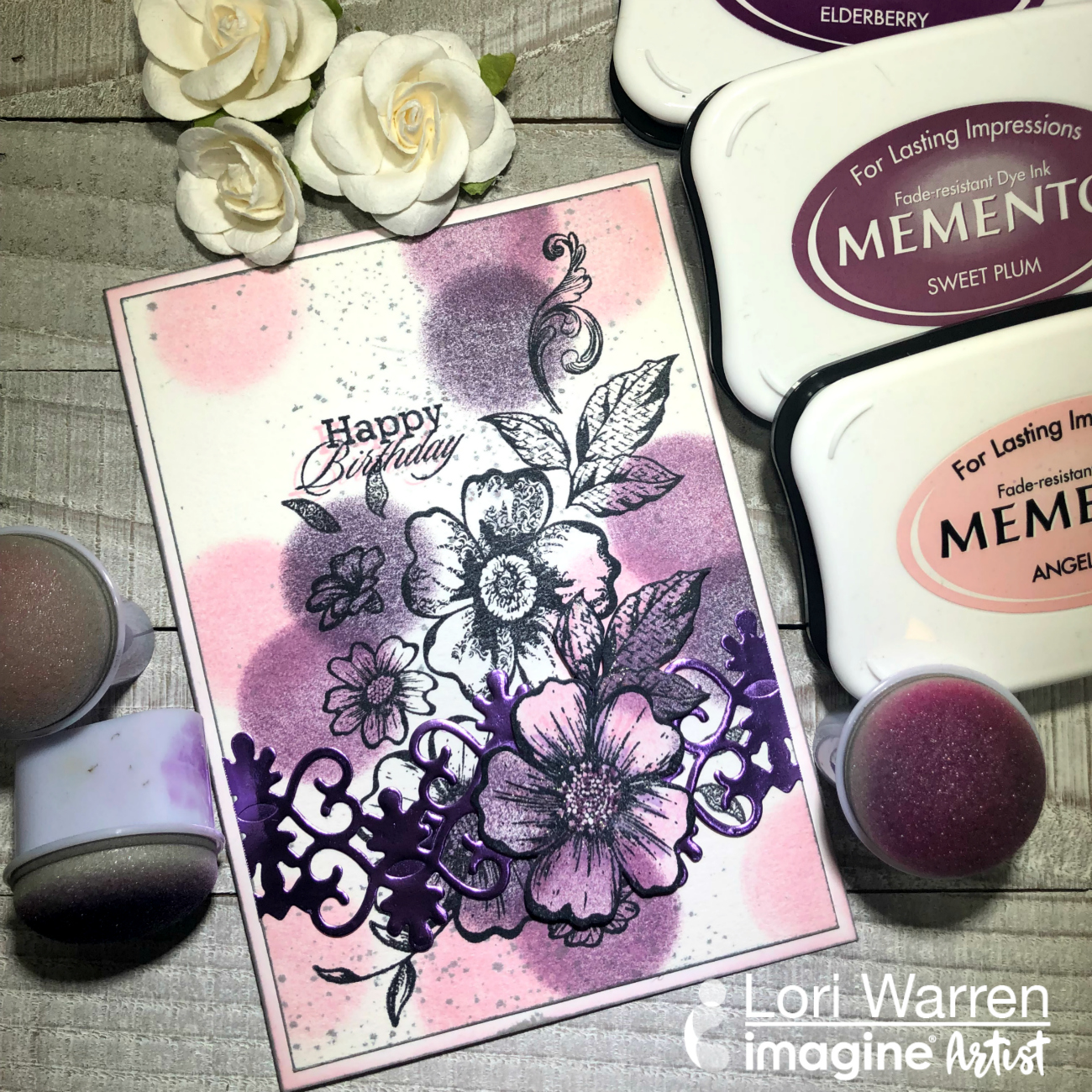 Handmade card featuring soft purple dots made with Memento ink and Jumbo Daubers